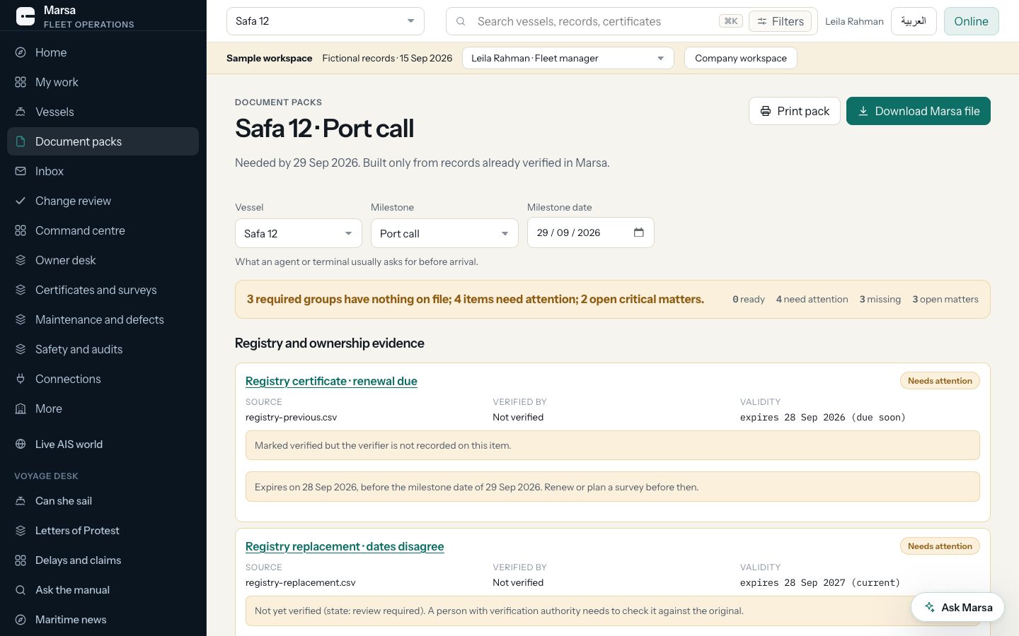 A port call pack for a vessel, each paper with its source, who checked it and when it runs out