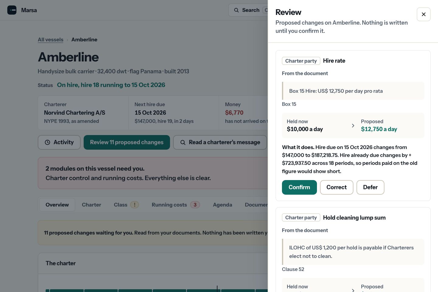 A proposed hire rate change next to the charter party wording, with confirm, correct and defer
